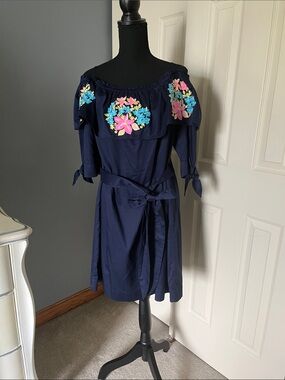 Lilly Pulitzer Navy Midi Dress with Pink & Blue Floral Embroidery